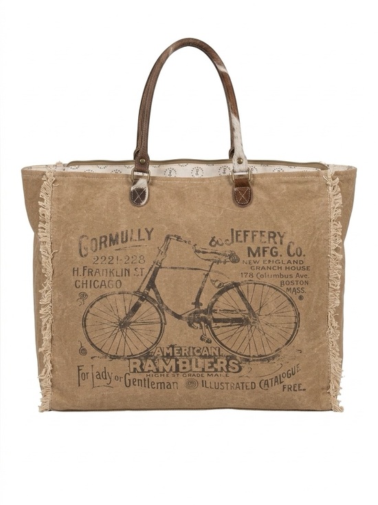 Myra Bag Handbags - Myra Bag Brown Canvas Tote with Bicycle Print